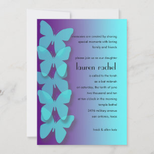 Bat Mitzvah Dimensional Butterfly Turquoise Paars Kaart