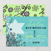BAT MITZVAH d'invitation STAR FLOWERS Invitation (Devant / Derrière)