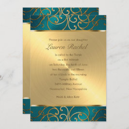 Bat Mitzvah Elegant Blauwgroen Blue en Gold Filigr Kaart