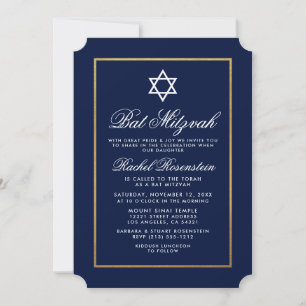 Bat mitzvah Elegant Bleu et Or Invitation