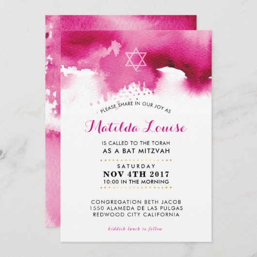 BAT MITZVAH élégant couleur rose vif invitation (Devant / Derrière)