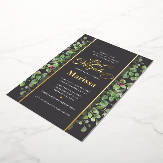 Bat Mitzvah Elegant Floral Script REAL GOLD Folie Uitnodiging (Gedraaid)