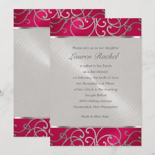 Bat Mitzvah Elegant Magenta Pink Silver Filigree Kaart
