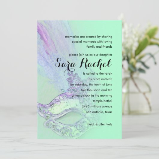 Bat Mitzvah Elegant Masquerade Aqua en Paars Kaart (Staand voorkant)