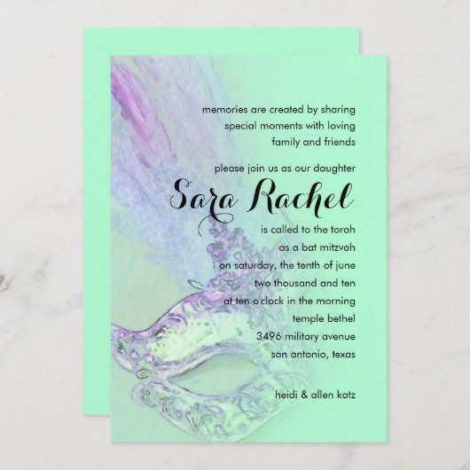 Bat Mitzvah Elegant Masquerade Aqua en Paars Kaart (Voorkant / Achterkant)
