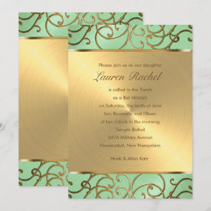 Bat Mitzvah Elegant Mint Green Gold Filigree Kaart