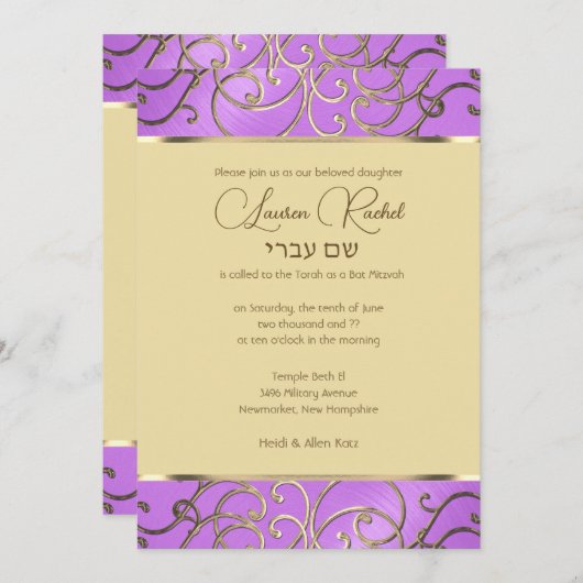 Bat Mitzvah Elegant Orchid Paars Gold Filigree Kaart (Voorkant / Achterkant)