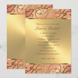 Bat Mitzvah Elegant Peach en Gold Filigree Kaart