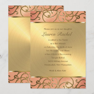 Bat Mitzvah Elegant Peach en Gold Filigree Kaart