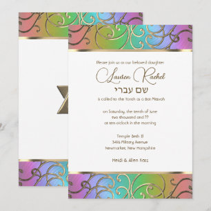 Bat Mitzvah Elegant Rainbow en Gold Filigree Kaart