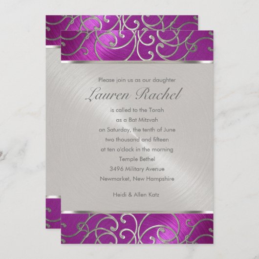 Bat Mitzvah Elegant Raspberry Pink Silver Filigree Kaart (Voorkant / Achterkant)