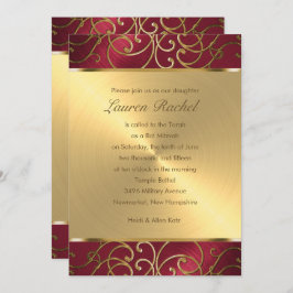Bat Mitzvah Elegant Red en Gold Filigree Kaart