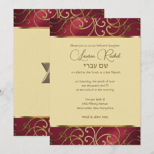 Bat Mitzvah Elegant Red en Gold Filigree Kaart