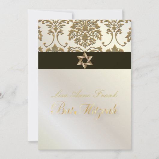Bat Mitzvah+Faux Gold Damask/black+pearl Kaart (Voorkant)