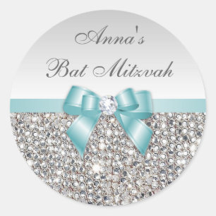 Bat Mitzvah Faux Silver Sequins Blauwgroen boogdia Ronde Sticker