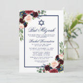 Bat mitzvah Floral Bourgogne Bleu Invitation (Debout devant)