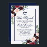 Bat mitzvah Floral Bourgogne Bleu Invitation<br><div class="desc">Carte d'invitation bat mitzvah Watercolor Burgundy Marsala Blue Floral</div>