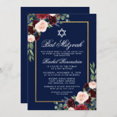 Bat mitzvah Floral Bourgogne Blue Gold Invitation (Devant / Derrière)