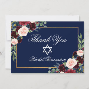Bat Mitzvah Floral Burgundy Blue Gold Bedankkaart