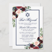 Bat Mitzvah Floral Burgundy Blue Invitation Kaart (Voorkant)