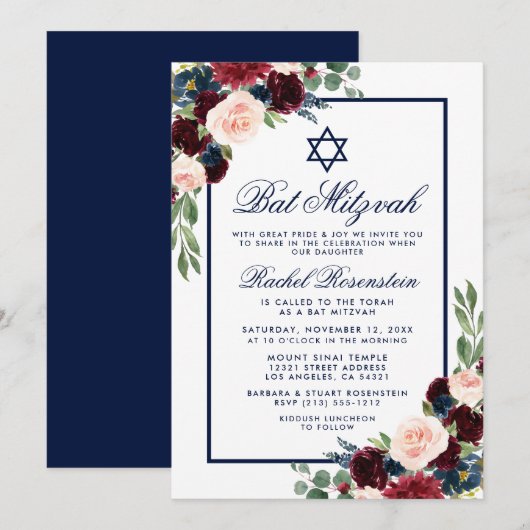 Bat Mitzvah Floral Burgundy Blue Invitation Kaart (Voorkant / Achterkant)