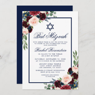 Bat Mitzvah Floral Burgundy Blue Invitation Kaart
