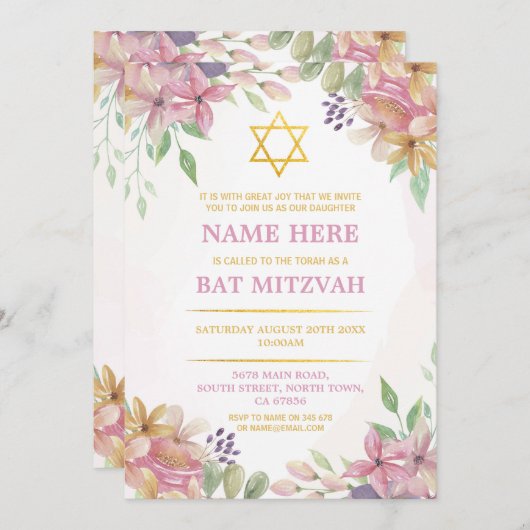 Bat mitzvah Floral Invitation Parties scintillant (Devant / Derrière)