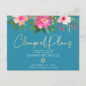 Bat Mitzvah Floral Waterverf Gold Script Blue Uitnodiging Briefkaart (Voorkant)