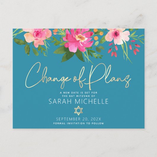 Bat Mitzvah Floral Waterverf Gold Script Blue Uitnodiging Briefkaart (Voorkant)