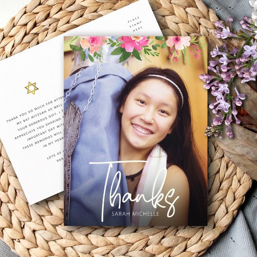 Bat Mitzvah Foto Floral Script Custom Hartelijk da Briefkaart