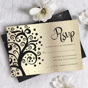 Bat Mitzvah Gold Foil Black Tree of Life Script RSVP Kaartje