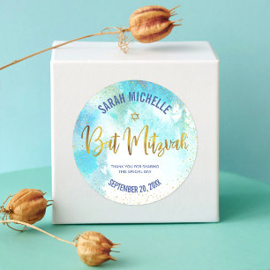 Bat Mitzvah Gold Foil Script, Turquoise Waterverf Ronde Sticker