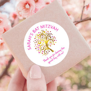 Bat Mitzvah Gold Foil Tree of Life Pink Typografie Ronde Sticker