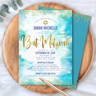 Bat Mitzvah Gold Glitter Turquoise Waterverf Chic Kaart
