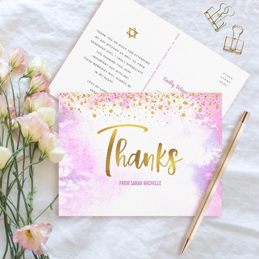 Bat Mitzvah Gold Script roze Waterverf Dank u wel Briefkaart