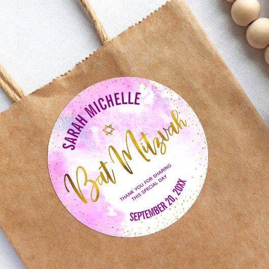 Bat Mitzvah Gouden Folie Script op Roze Waterverf Ronde Sticker