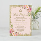 Bat Mitzvah | Goudglitters Blush Pink Floral Kaart (Staand voorkant)
