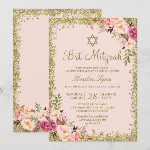 Bat Mitzvah   Goudglitters Blush Pink Floral Kaart