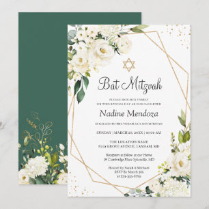 Bat Mitzvah Greenery White Rose Floral Geometric Kaart