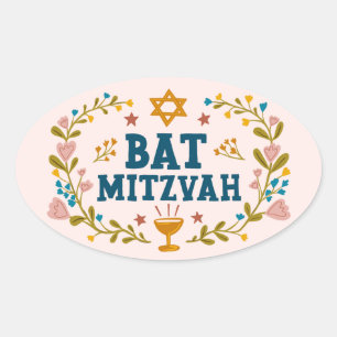 BAT MITZVAH Handgetekende bloemenjoods  Ovale Sticker