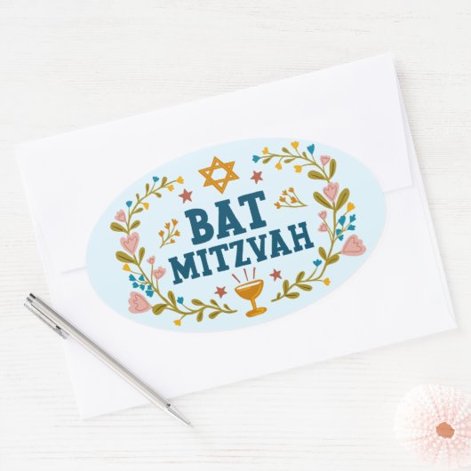 BAT MITZVAH Handgetekende bloemenjoods Ovale Sticker (Envelop)