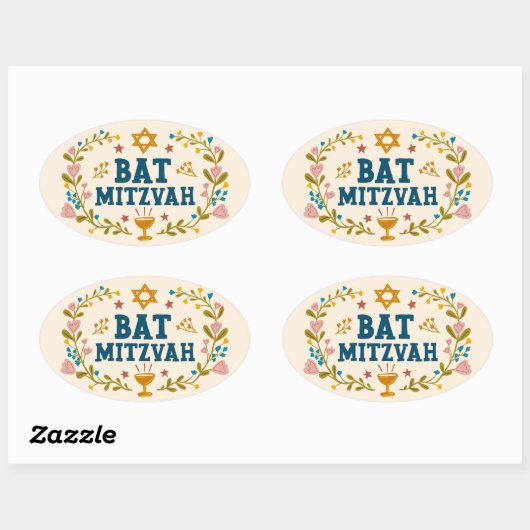 BAT MITZVAH Handgetekende bloemenjoods Ovale Sticker (Vel)