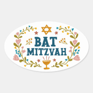 BAT MITZVAH Handgetekende bloemenjoods  Ovale Sticker