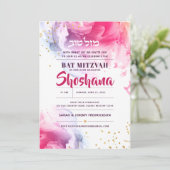 Bat Mitzvah Hebreeuwse Waterverf Glitter Uitnodigi Kaart (Staand voorkant)