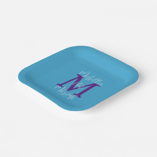 Bat Mitzvah Hemelsblauw Paarse Witte Naam Monogram Papieren Bordje (Gebogen)