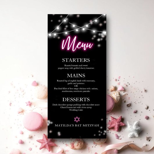 Bat Mitzvah Hot Pink Neon Thema Menu
