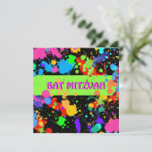 Bat Mitzvah Invitation, Neon Paint Splatter Kaart (Staand voorkant)