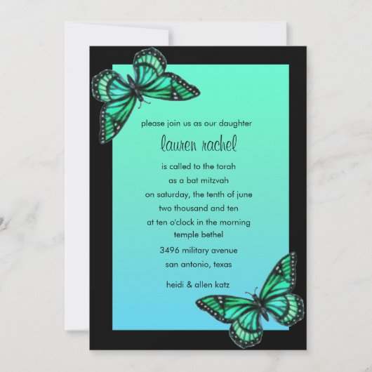 Bat mitzvah Invitation Papillon Turquoise (Devant)
