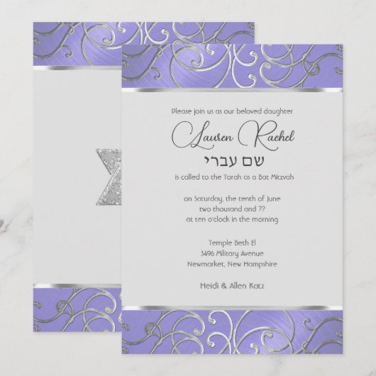 Bat Mitzvah Lavendel Paarse Zilveren Filigraan Kaart (Voorkant / Achterkant)