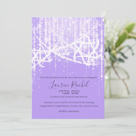 Bat Mitzvah Lavendel Wit Sparkly Lights Kaart (Staand voorkant)